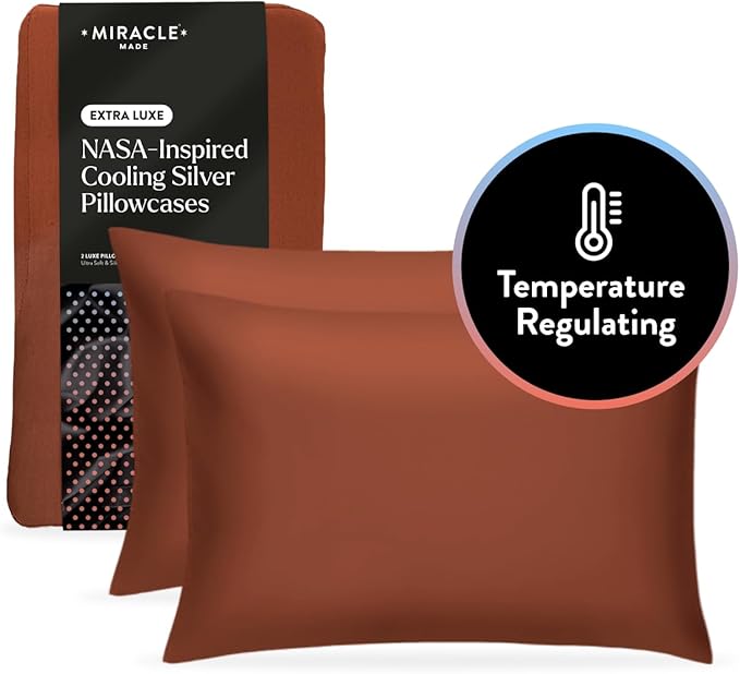 Miracle Made Extra Luxe Soft Cooling Pillowcase, 2-Piece Silver-Infused Cotton Fabric – Lightweight, Thermoregulating, Breathable Cover for Sensitive Skin, Standard Size, Terracotta