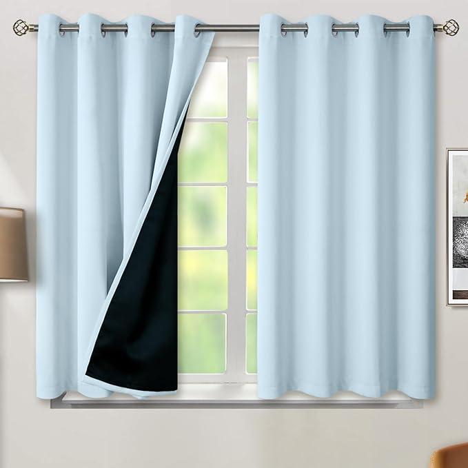 BGment Baby Blue 100% Blackout Curtains for Kids Bedroom 45 Inch Length, Thermal Insulated Full Light Blocking Grommet Noise Cancelling Small Window Curtains for Nursery 2 Panels Each 52 Inch Wide