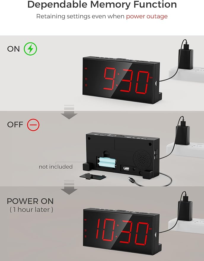 PPLEE Alarm Clock for Bedroom, Large Number Digital Clock with Dimmer for Living Room, Dual Alarms Easy to Read clock for Seniors, Electric Bedside Desk Clock with USB Charger, Digital Red LED Display