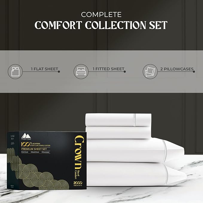 Mayfair Linen 100% Egyptian Cotton California King Sheets Set - 2000 Series Luxury Sheets Cal King Size Bed Set, Silky Soft & Cooling, 17" Extra Deep Pocket Hotel Collection Sheet (4 PC, White)