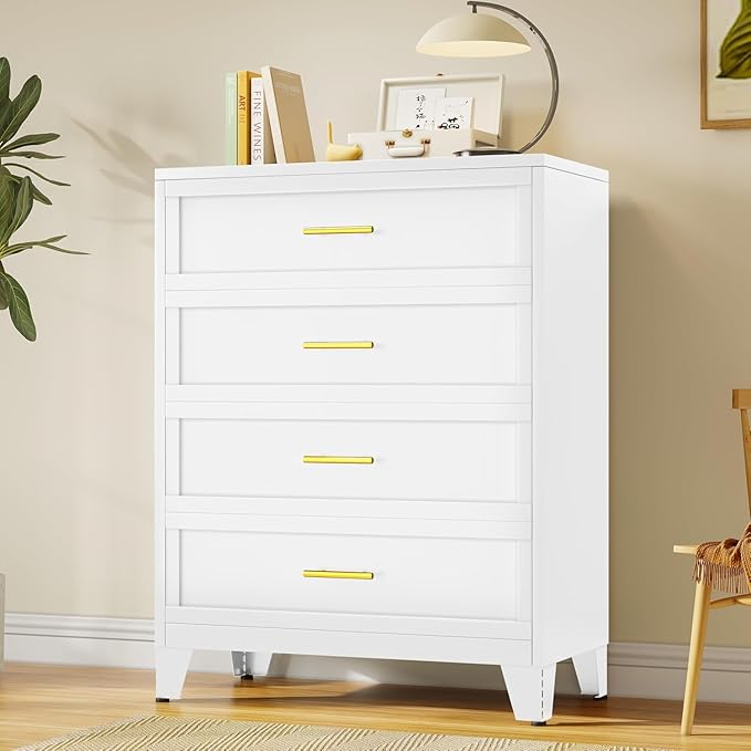 Metal Dresser, White Tall Dresser for Bedroom, 43.11" H Dressers & Chests of Drawers, 4 Drawer Dressers for Living Room, Entryway, Hallyway (White, 4 Drawers)