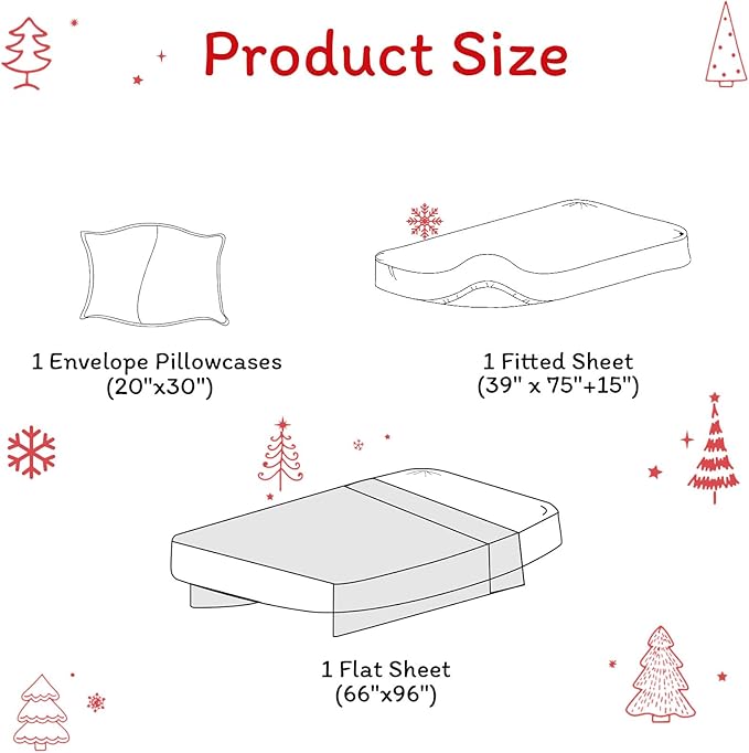 JSD Red Christmas Tree Kids Sheet Set Twin Size, 3 Piece Soft Printed Microfiber Sheets Deep Pocket