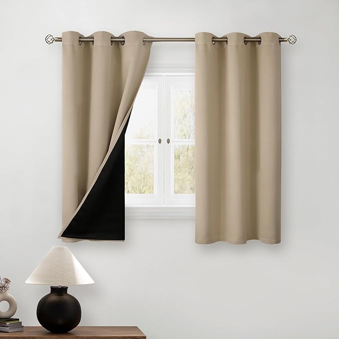 BGment Short 100% Blackout Curtains for Bedroom, Thermal Insulated Energy Efficiency Noise Reducing Grommet Curtains 45 Inch Length with Liner for Small Window 2 Panels Each 42 Inch Wide, Sand