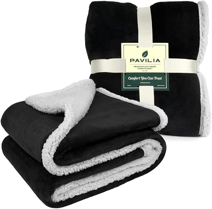 PAVILIA Sherpa Fleece Throw Blanket for Couch, Twin Size, Black, Plush Soft Fuzzy Sofa Blanket, Cozy Reversible Winter Throw for Women Men, 60x80 Inches