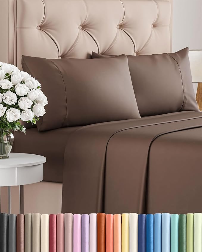 Twin XL 4 Piece Sheet Set - Cooling, Comfy & Breathable - Hotel Luxury Bedding, Includes Fitted Sheet for Women, Men, Kids and Teens - 1 Flat, 1 Fitted Sheet, 2 Pillowcases with Deep Pockets - Brown