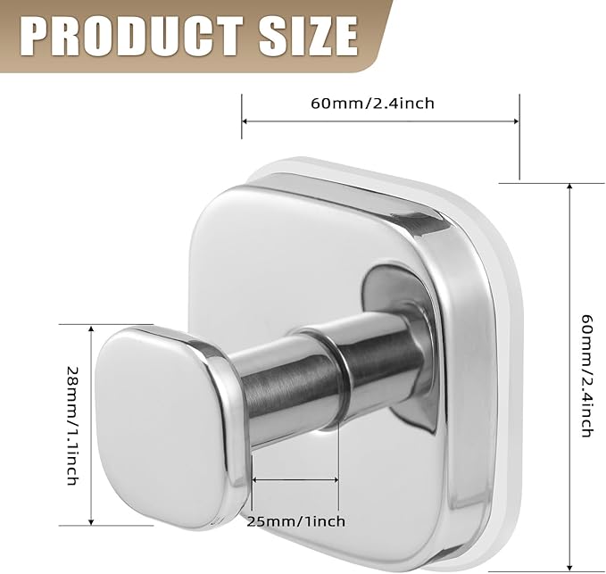 No-Drill Reusable Suction Cup Hooks, Towel, Robe, Loofah, Coat Hook for Glass, Mirror, Tile, Shower, Bathroom, Kitchen & Metal (Smooth, Non-Porous Surfaces) (2, Chrome Polished)