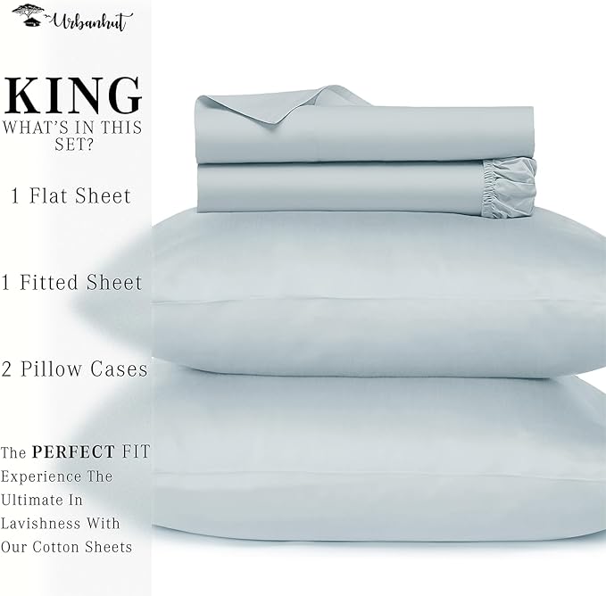 URBANHUT 800 Thread Count 100% Cotton King Size Sheets, Luxury 4 Piece King Bedsheets, Hotel Sheets Sateen Finish - Better Than Egyptian, 16" Elasticized Deep Pocket - Light Blue