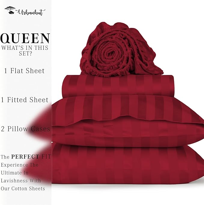 URBANHUT 800 Thread Count 100% Cotton Damask Queen Size Sheets, 4 Piece Striped Queen Size Bedsheets, Luxury Hotel Sheets Sateen Weave - Better Than Egyptian, 16" Elasticized Deep Pocket- Burgundy
