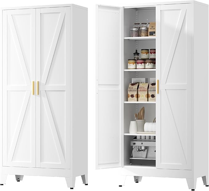 Farmhouse Pantry Cabinet,71" H x 31.5" W,Metal Cabinet with Adjustable Shelves and Barn Doors,5-Tier Storage Cabinet for Kitchen Dining Room Garage,White