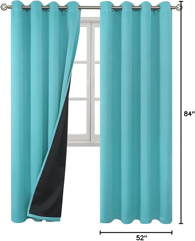 BGment 100% Blackout Curtains for Bedroom Window 84 Inch Length 2 Panels Set, Thermal Insulated Full Light Blocking Grommet Drapes for Living Room Darkening with Black Liner, 52 Inch Wide Each, Aqua