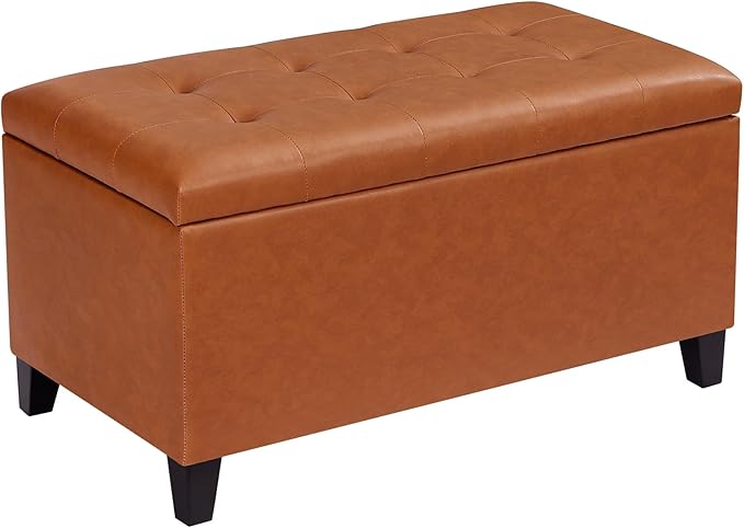 Asense Storage Ottoman Bench, Faux Leather Upholstered End of Bed Bench with Safety Hinge Wooden Legs, for Entryway Bedroom