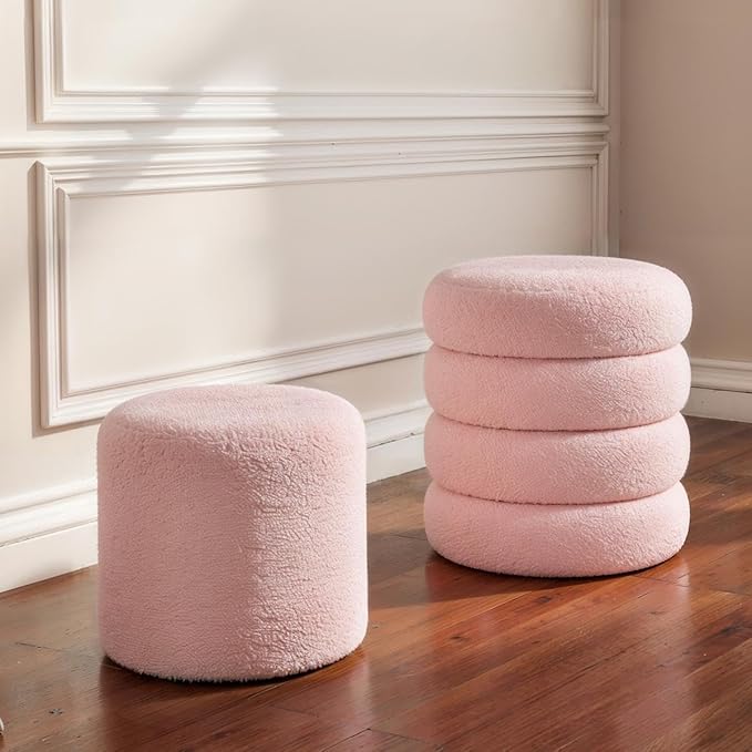Round Set of 2 Sherpa Storage Ottoman Stool Boucle Vanity Stool Footstool with Removeable lid Load up to 440 lbs for Livingroom Bedroom Pink UASND68P