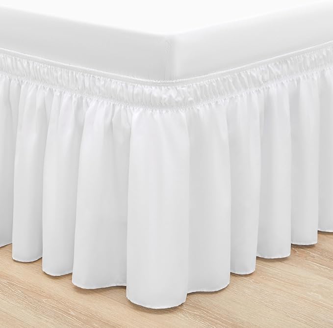 RIMELA White Bed Skirt Twin Size 15 Inch Drop, Elastic Bed Skirting for Bed Base and Frame, Bedding Dust Ruffle Easy to Install, Lightweight Wrap Around Adjustable Bedskirt