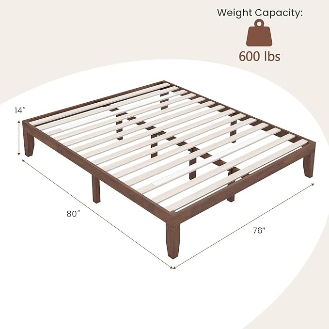 Giantex 14 Inch King Wood Platform Bed Frame, Minimalist Style Mattress Foundation with Solid Rubber Wood, Heavy Duty Slat Support, Without Headboard, Easy Assembly, No Box Spring Needed, Walnut