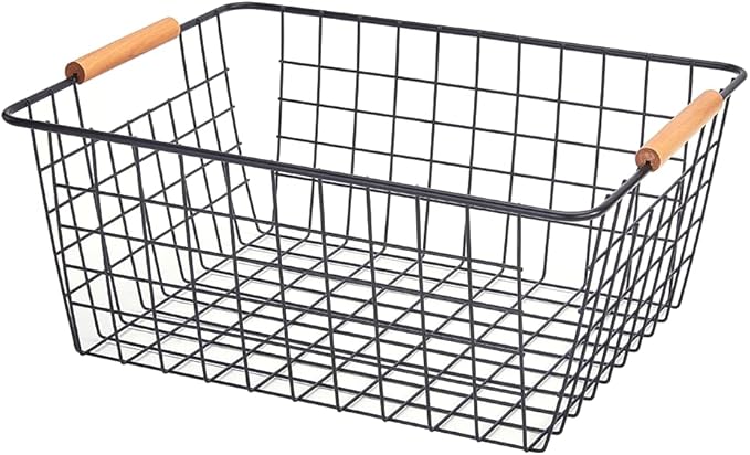 LeleCAT Large black wire basket for Organizing with Wooden Handles,pantry refrigerator organizers and storage,Snack Storage Baskets for Cabinets, Closets, Bedrooms, kitchen -2pack（Black）