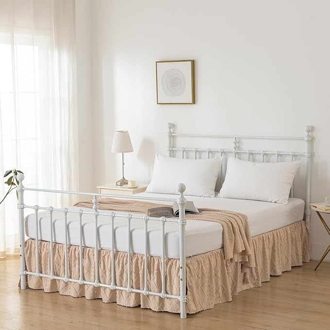 Bed Skirt Full Size Ruffled Bed Skirt with Split Corners, 14 Inch Drop Dust Ruffle Bed Skirts with Platform, Boho Tufted Shabby Chic Full Size Bed Skirts, Cream