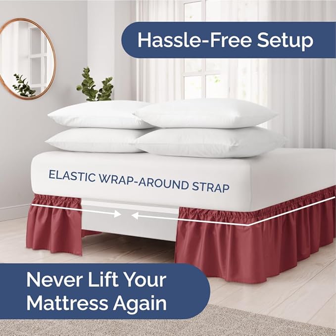 Wrap Around Dust Ruffle Bed Skirt - Burgundy - for Full Size Beds with 21 Inch Drop - Easy Fit Elastic Strap - Adjustable Pleated Bedskirt w/Brushed Fabric Wrinkle Free - for Women, Men, Kids & Teens