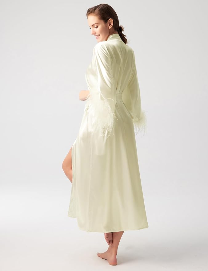 PRODESIGN Satin Kimono Robe Long Silky Bathrobe with Ostrich Feather Trim Sleepwear Wedding Bridesmaid Dressing Gown