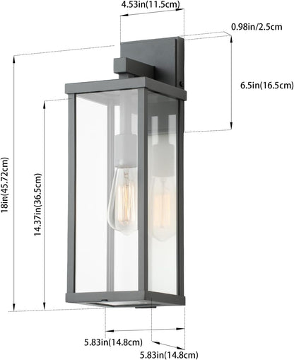 mirrea 18" Classic Outdoor Wall Sconce 1 Light in Matte Gray Rectangular Metal Frame and Clear Glass Shade Waterproof Porch Light Patio Light Pack of 2