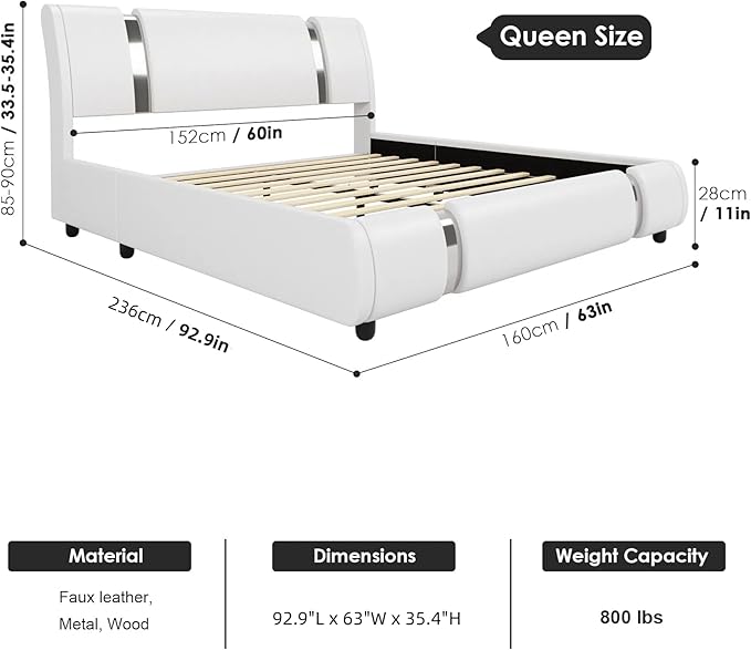 TTVIEW Modern Faux Leather Upholstered Platform Bed Frame with Iron Metal Decor, Adjustable Curved Headboard, Wooden Slats Support, No Box Spring Needed, Queen Size, White