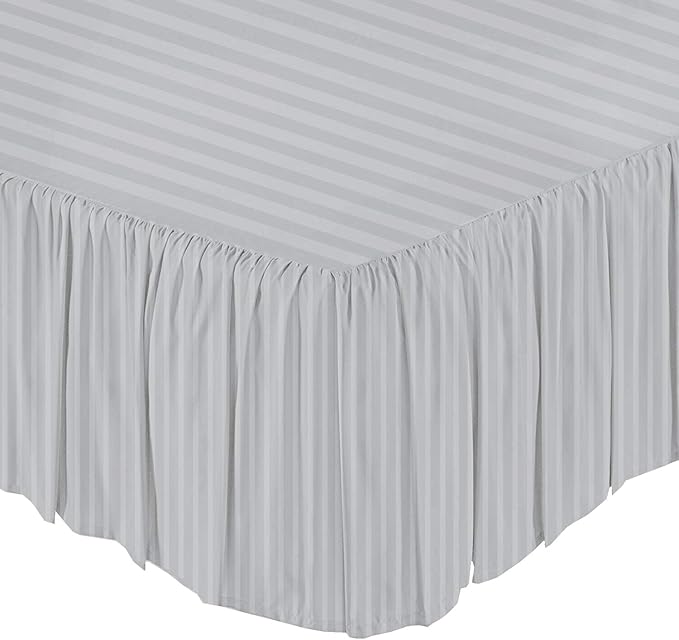 KRISHNA Ruffled Bed Skirt with Split Corners Queen, 100% Microfiber Hotel Quality, 15 Inch Drop Dust Ruffle Gathered Bedskirt with Platform, 60" x 80", Light Grey Stripe