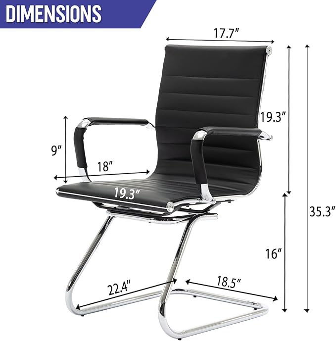 Wahson Office Guest Chairs Set of 2, Leather Reception Chairs, Mid Back Waiting Room Chair, Conference Chairs with Sled Base, Desk Chair No Wheels for Meeting/Lobby/Restroom, Black