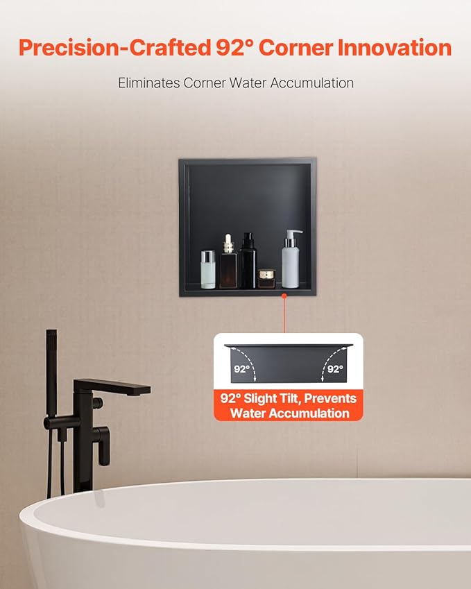VEVOR Shower Niche, 13 x 13 x 4 inch Recessed Wall Niche, Heavy-duty Stainless Steel Modern Soap & Shampoo Storage Organizer, Sealed Waterproof, Durable & Easy to Install,Black for Bathroom