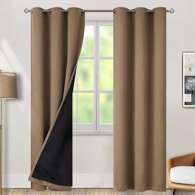 BGment Total Thermal Insulated 100% Blackout Curtains for Bedroom with Black Liner, Double Layer Full Room Darkening Noise Reducing Grommet Curtain (42 x 84 Inch, Taupe, 2 Panels)