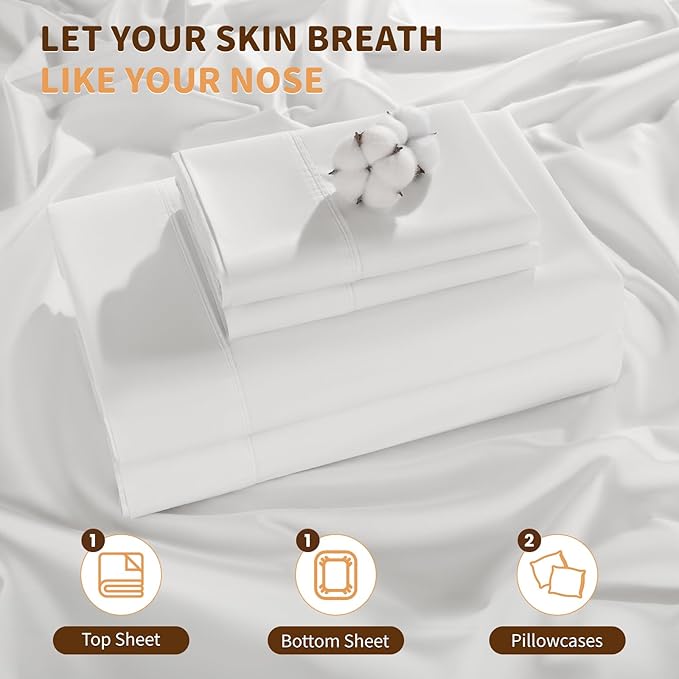 LBRO2M 100% Cotton Sheets Set Deep Pocket 19", 1000 Thread Count Queen Size 4 Piece Bed Sheet Sets Soft Comfortable Bedding All Season (Queen, White)