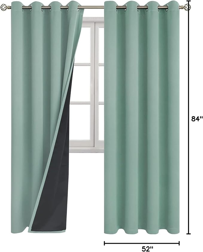 BGment Thermal Insulated 100% Blackout Curtains for Bedroom with Black Liner, Double Layer Full Room Darkening Noise Reducing Grommet Curtain (52 x 84 Inch, Frosty Green, 2 Panels)