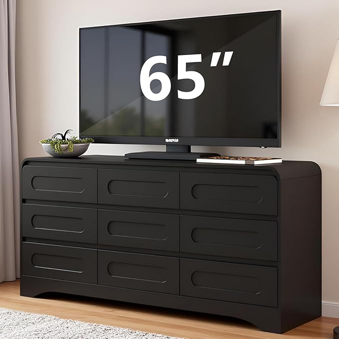 9 Drawer Dresser and Nightstand Sets for Bedroom, 3 Piece Bedroom Set, Wood 9 Drawer Dresser & Night Stand Set of 2, Large Chest of Drawers Modern Storage Cabinet Bedroom Furniture Set, Black