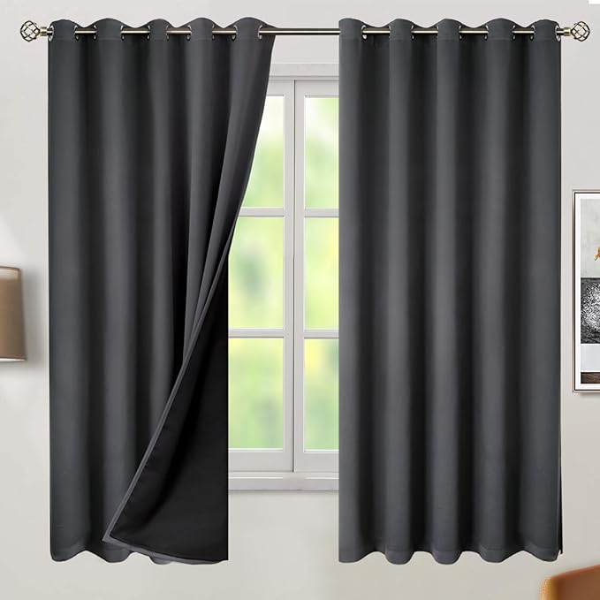 BGment Thermal Insulated 100% Blackout Curtains for Bedroom with Black Liner, Double Layer Full Room Darkening Noise Reducing Grommet Curtain (60 x 63 Inch, Dark Grey, 2 Panels)