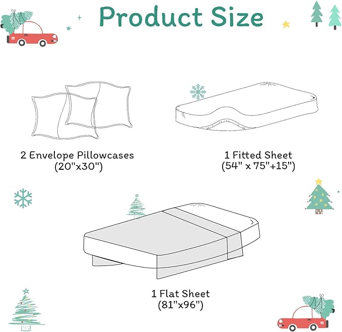 JSD Red Cars Christmas Kids Sheet Set Twin Size, 3 Piece Soft Holiday Printed Microfiber Bed Sheets Deep Pocket