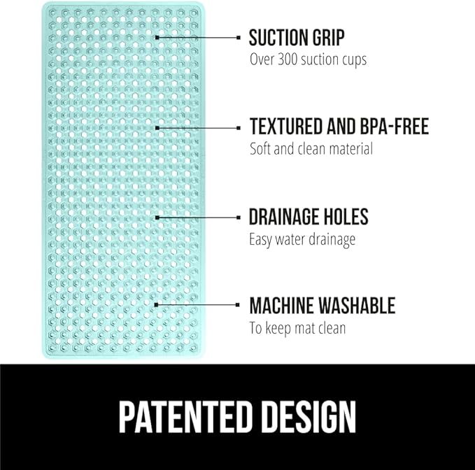 GORILLA GRIP Patented Bath Tub Shower Mat, Machine Washable Bathtub Floor Liner Mats, Suction Cups and Drain Holes to Keep Tubs Clean, Soft on Feet, Bathroom Essentials, 35x16 Inch, Clear Green