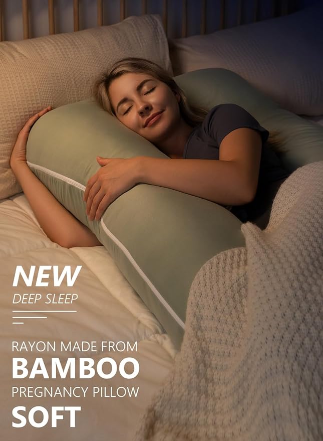 Meiz Pregnancy Pillow, U Shaped Pregnancy Pillows for Sleeping Cooling, 55 Inch Maternity Pillow for Pregnant Women, Body Pillows for Adults, Rayon Cover from Bamboo, Sage Green
