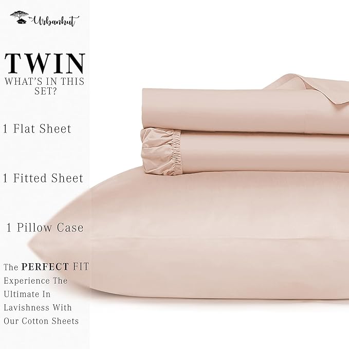 URBANHUT 800 Thread Count 100% Cotton Twin Size Sheets, Luxury 4 Piece Twin Bedsheets, Hotel Sheets Sateen Finish - Better Than Egyptian, 14" Elasticized Deep Pocket - Blush Pink