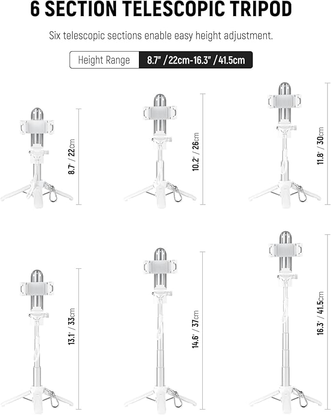 NEEWER Selfie Stick with Detachable Bluetooth Remote Shutter, Lightweight Foldable Travel Tripod for iPhone for YouTube/TikTok Vlogs Live Streaming Photography, White, P15