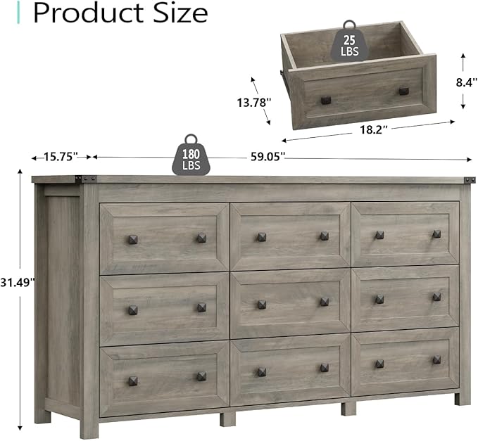 Dresser for Bedroom with 9 Drawers, Farmhouse Wood Chest of Drawers, Wide TV Stand Closet Storage Furniture with Metal Handle, Modern Clothes Organizer for Hallway, Living Room, Entryway, Light Grey