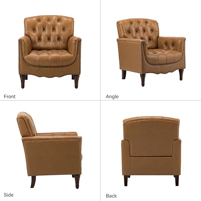 HULALA HOME Mid Century Modern Leather Club Chairs, Top-Grain Genuine Leather Armchairs with Button-Tufted Back & Solid Wood Legs, Accent Chairs for Living Room/Bedroom/Home Office, Camel