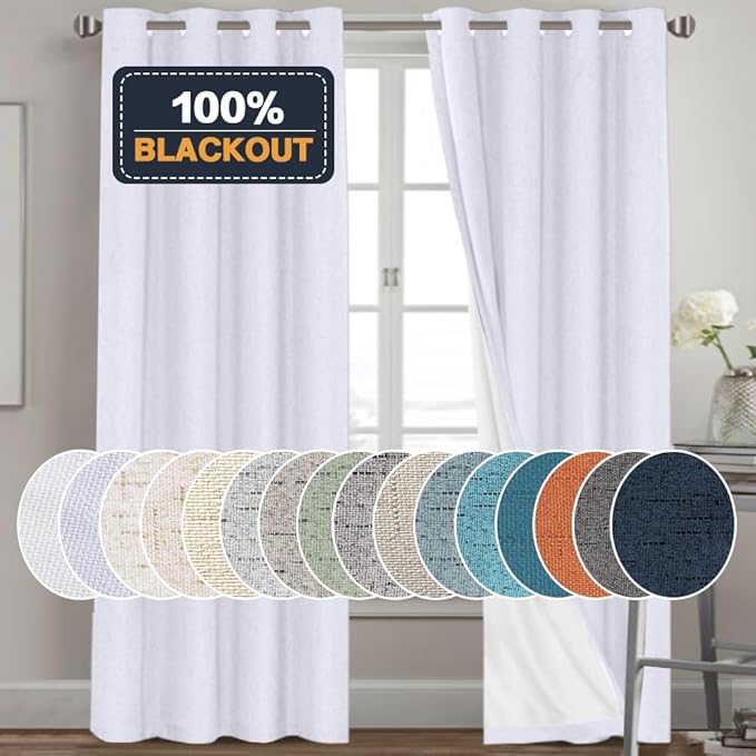 PrinceDeco Linen Texture Curtains for Bedroom Solid 100% Blackout Thermal Insulated with White Liner Room Darkening Curtains/Draperies for Living Room Nursery, Pearl White, 2 Pieces, W52 x L84