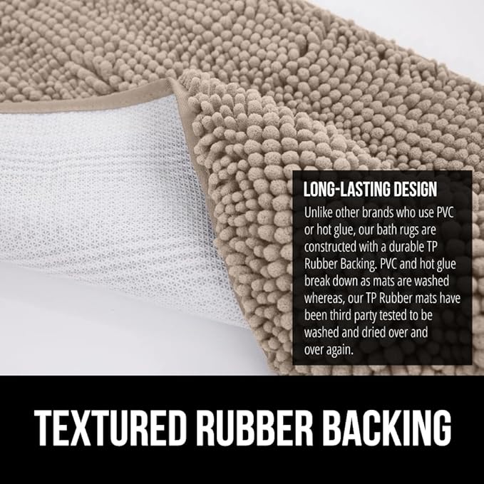 GORILLA GRIP Bathroom Rug Sets 3 Piece, Bath Mat Set and Oval Toilet Base with Rubber Backing, Plush Absorbent Shaggy Chenille Washable Mats, Includes 24x19.5, 24x17 and 36x24 Inch Rugs, Gray Beige