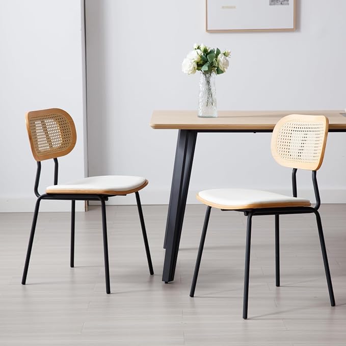 HEAH-YO Dining Chairs Set of 2, Upholstered Faux Leather Rattan Dining Chairs with Backrest and Metal Legs, Armless Kitchen Rattan Chairs for Dining Room, White