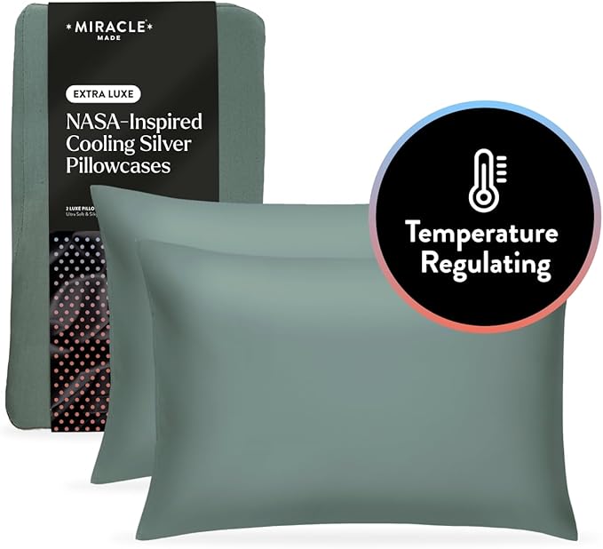 Miracle Made Extra Luxe Soft Cooling Pillowcase, 2-Piece Silver-Infused Cotton Fabric – Lightweight, Thermoregulating, Breathable Cover for Sensitive Skin, King/Cali King Size, Sage Green