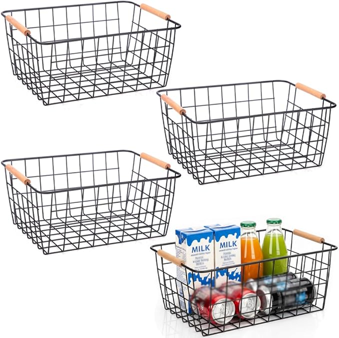LeleCAT Wire Baskets with Wooden Handles, Wire Storage Organizer Baskets, Household Refrigerator for Cabinets, Pantry, Closets, Bedrooms - Set of 4（Black)