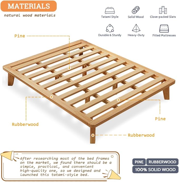 Twin Platform Bed Base - 14 Inch Solid Wood Mattress Foundation with Support Slats and Legs, Twin-Size Rubberwood Simple Bed Frame