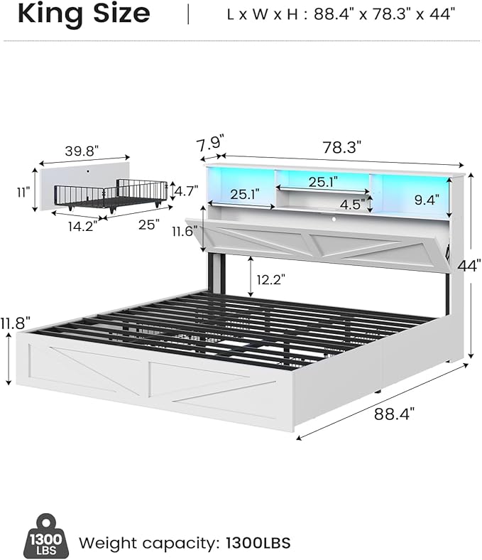 AOGLLATI Farmhouse King Bed Frame Bed Frame with 4 Storage Drawers and Led Lights, Wooden King Bed with Hidden Space Bookcase Headboard and Led Lights, White