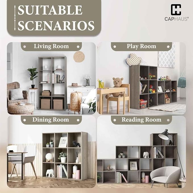 CAPHAUS Sturdy Room 11-Inch Cube Storage Organizer Shelf, with Thick Exterior Edge, Storage Shelf Divider w/Back, Bookcase, 9-Cube, Rustic Grey Oak