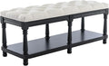 DUOMAY Mid-Century Tufted Storage Bench with Shelf, Linen Upholstered Farmhouse Entryway Shoe Bench Ottoman Bed End Stool for Bedroom Living Room Dining Room, Black Wood Frame, White