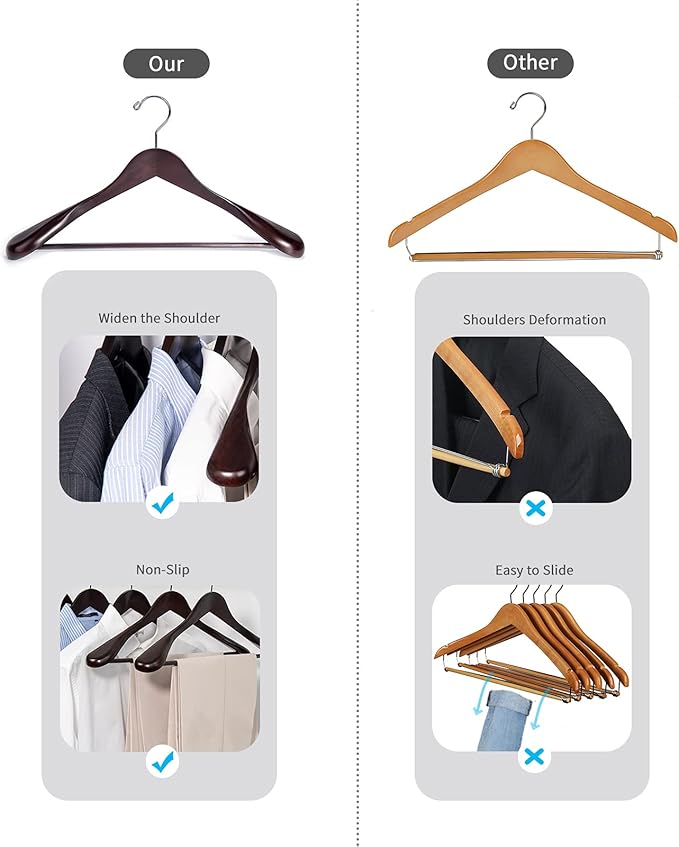 Nature Smile Luxury Mahogany Wooden Suit Hangers - 6 Pack - Wood Coat Hangers,Jacket Outerwear Shirt Hangers,Glossy Finish with Extra-Wide Shoulder, 360 Degree Swivel Hooks & Anti-Slip Bar with Screw