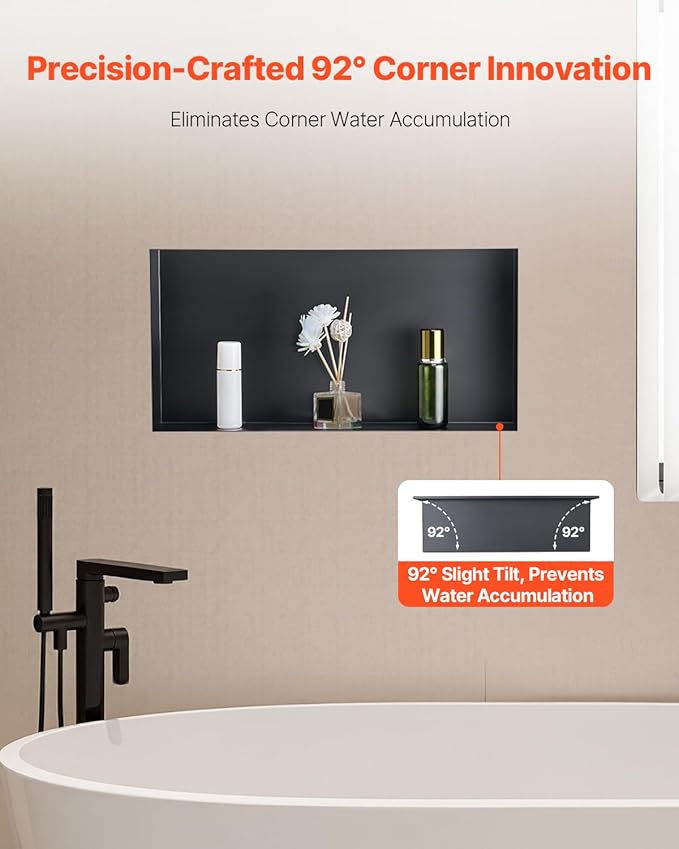 VEVOR Shower Niche, 13 x 25 x 4 inch Frameless Recessed Wall Niche, Heavy-Duty Stainless Steel Modern Shampoo Storage Organizer, Sealed Waterproof, Durable & Easy to Install, Black for Bathroom